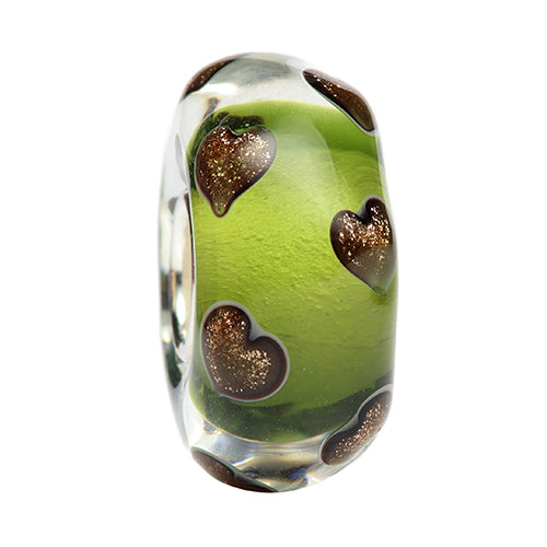 Ogerbeads Moss Sparklehearts 2.0 green; gold glass Bead by The Alternative Bead. Your official Ogerbeads Retailer from Germany