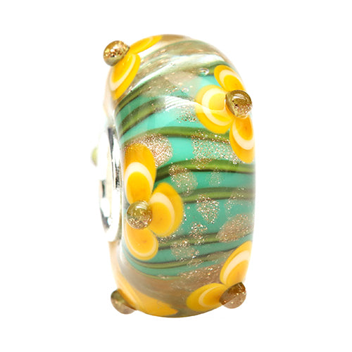Ogerbeads Sungarden Moonsparkle Blossom yellow; green; gold glass Bead by The Alternative Bead. Your official Ogerbeads Retailer from Germany