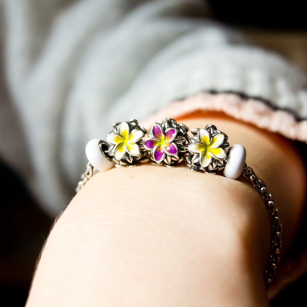 Aurora Charm Frangipani Purple Yellow Flower Charm silver; yellow; purple sterling-silver; enamel Bead by The Alternative Bead. Your official Aurora Charm Retailer from Germany