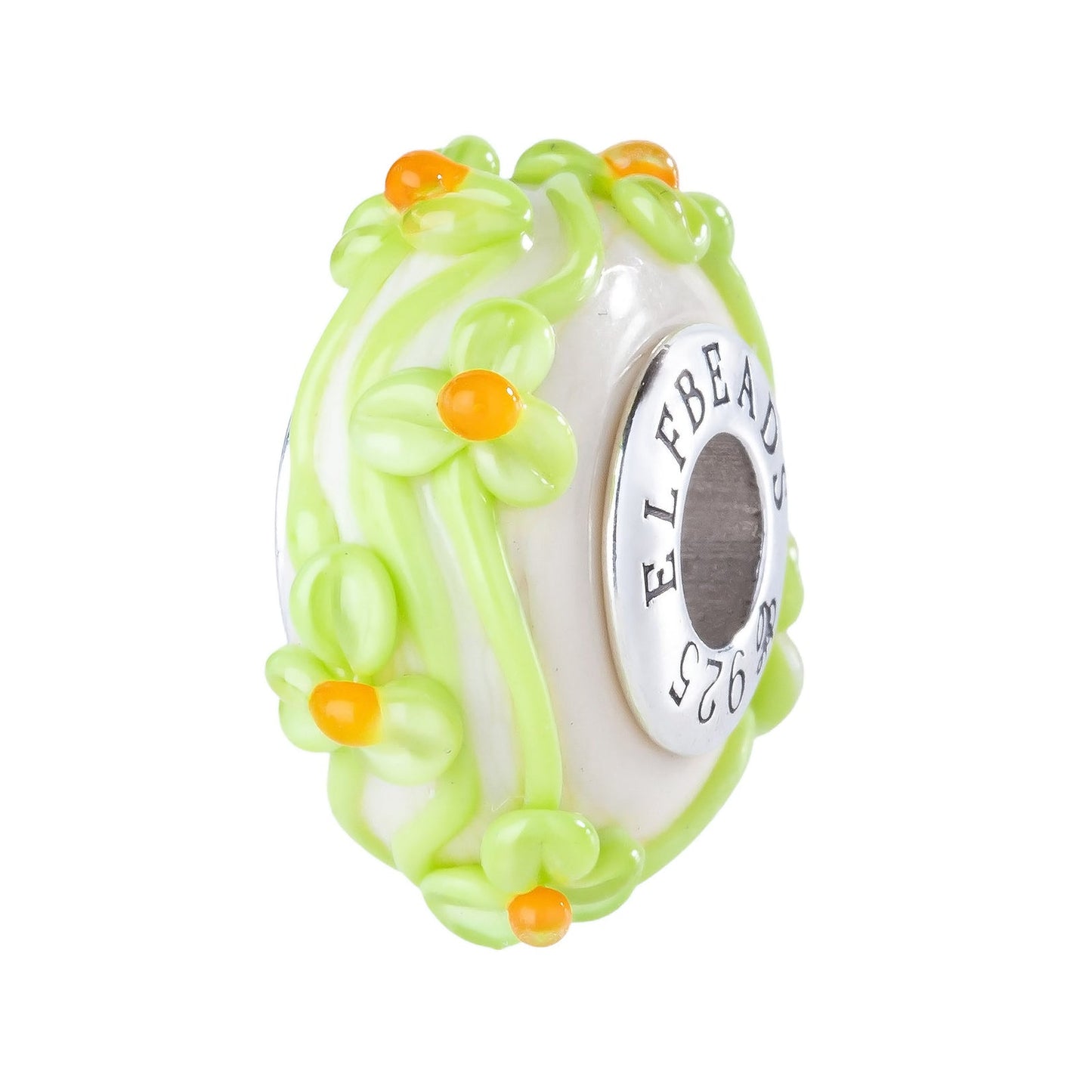 Elfbeads Slime Pumpkin Caramel Flowertwig green; white; silver glass Bead by The Alternative Bead. Your official Elfbeads Retailer from Germany
