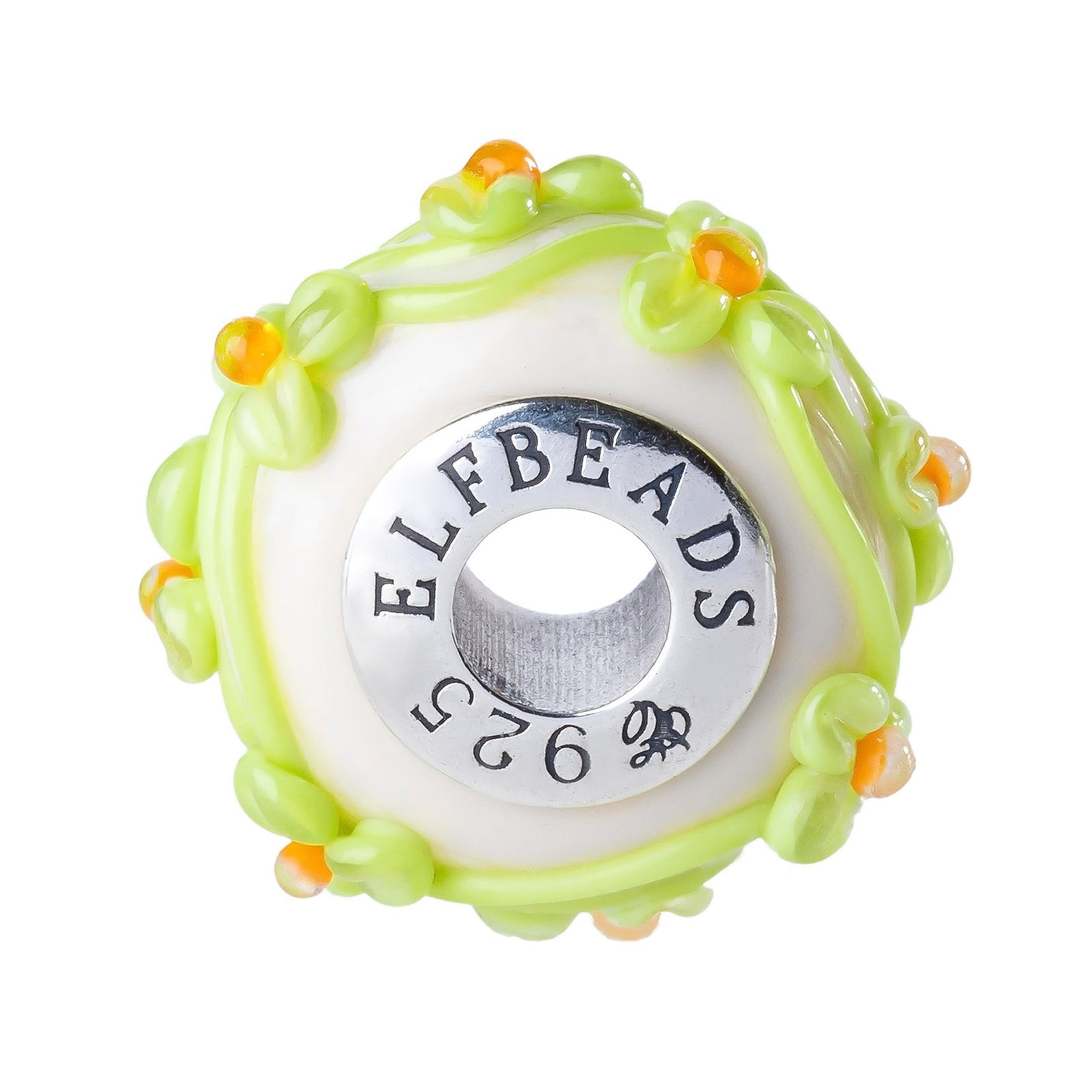 Elfbeads Slime Pumpkin Caramel Flowertwig green; white; silver glass Bead by The Alternative Bead. Your official Elfbeads Retailer from Germany