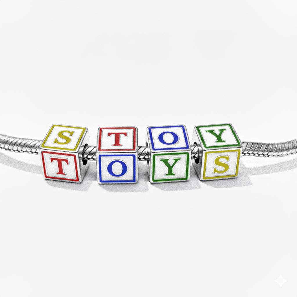 Colorful toy blocks spelling 'TOYS' on a white background