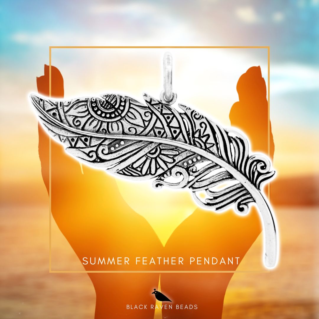 Silver Black Raven Beads Summer Feather Pendant Sterling Silver Charm by The Alternative Bead
