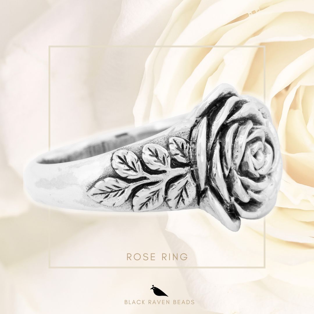 Silver Black Raven Beads Ring Rose Ring by The Alternative Bead