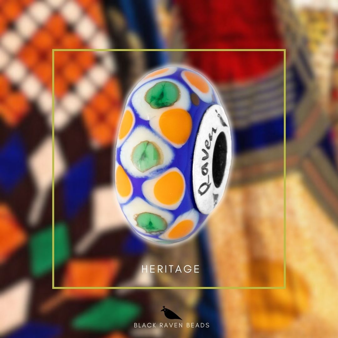 Black Raven Beads Heritage LE blue and orange and white and green glass Charm by The Alternative Bead. Your official Black Raven Beads Retailer from Germany