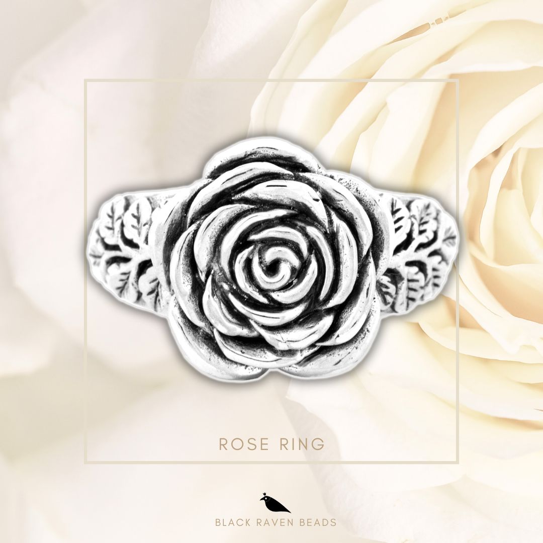 Silver Black Raven Beads Ring Rose Ring by The Alternative Bead