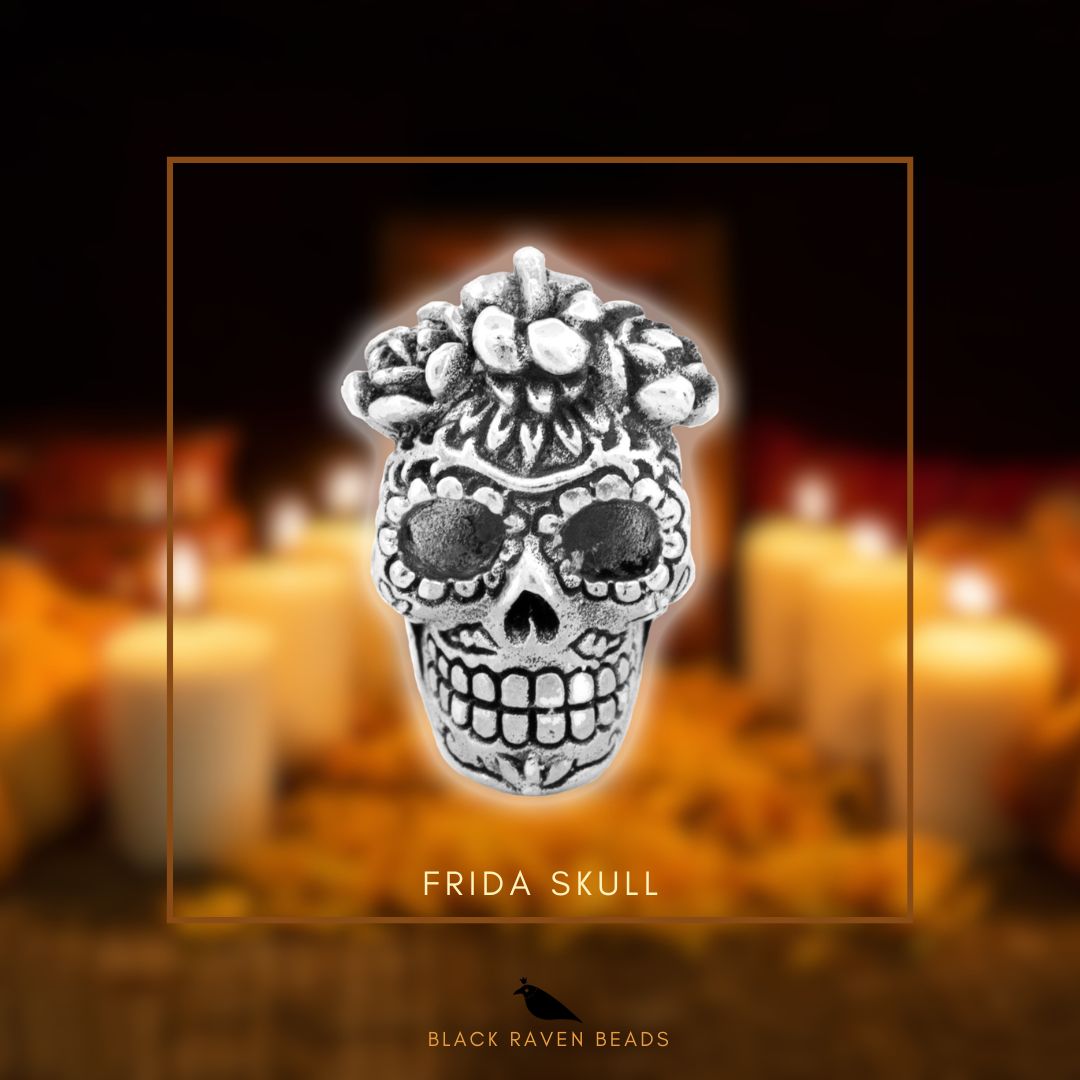 Silver Black Raven Beads Frida skull Sterling Silver Charm by The Alternative Bead