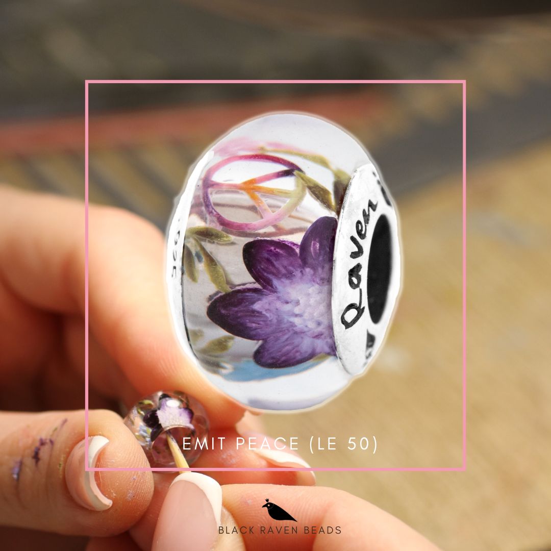 Silver Black Raven Beads Emit Peace (LE 50) Glass Charm by The Alternative Bead