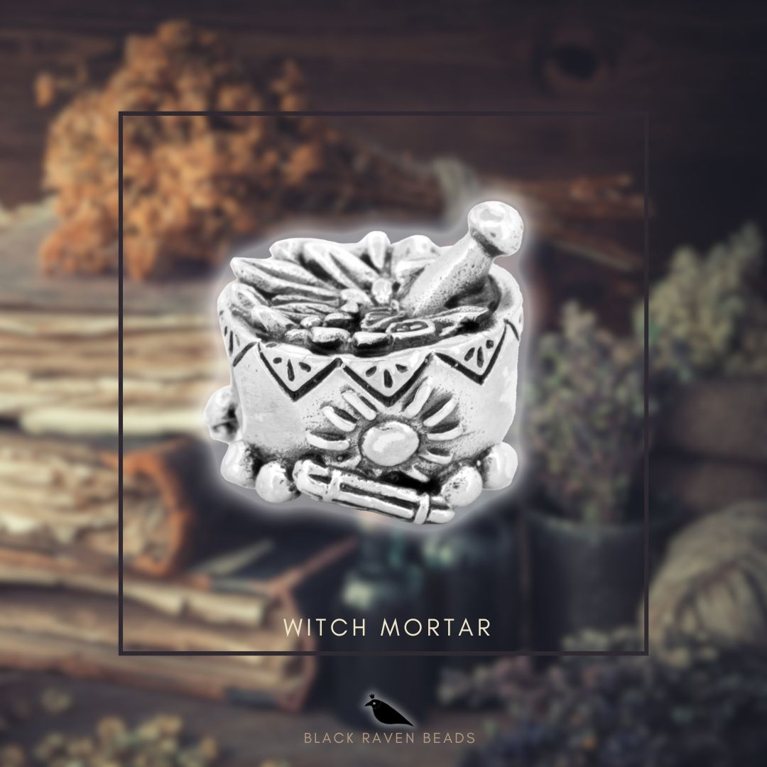 Silver Black Raven Beads Witch mortar Sterling Silver Charm by The Alternative Bead