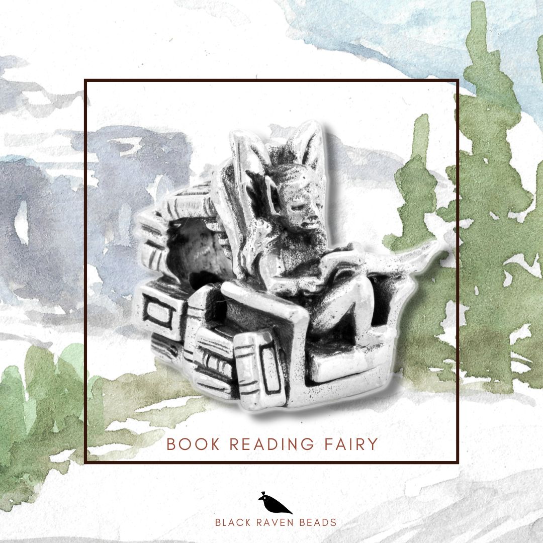 Silver Black Raven Beads Book Reading Fairy Sterling Silver Charm by The Alternative Bead