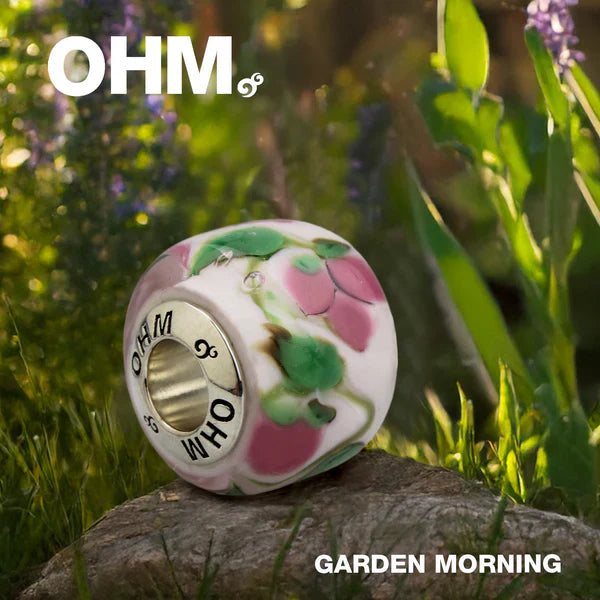 OHM Beads GOTM NO. 54 Garden Morning white; purple; green; floral glass Bead by The Alternative Bead. Your official OHM Beads Retailer from Germany