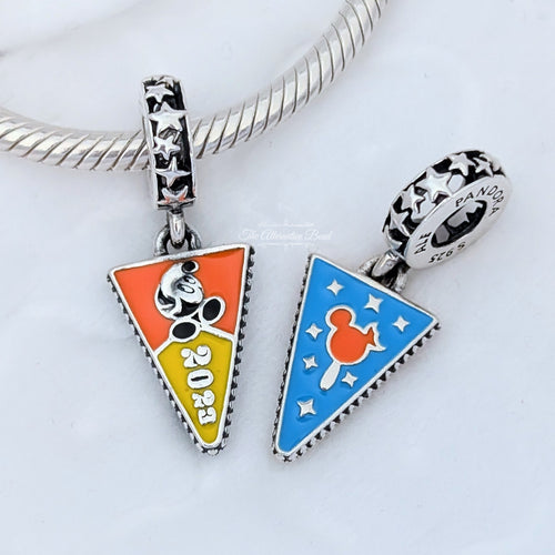 Disney x Pandora 2023 Mickey Mouse Pennant Dangle Charm orange and blue and yellow sterling-silver and enamel Dangle by The Alternative Bead. Your official Disney x Pandora Retailer from Germany
