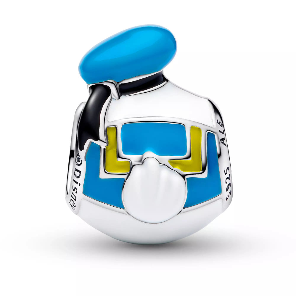 Silver charm with blue and yellow accents on a white background