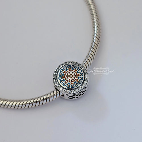 Pandora Cathedral Rosette Engravable (792016CZ_E057) silver and orange and blue sterling-silver and enamel Bead by The Alternative Bead. Your Jewelry Retailer from Germany