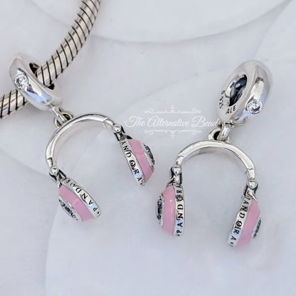 Silver Headphones Dangle with Clear Cubic Zirconia and Pink Enamel