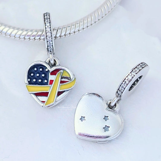 Pandora Heart, Flag & Remembrance Ribbon Double Dangle Charm silver; red; white; blue; yellow sterling-silver; enamel Dangle by The Alternative Bead. Your Jewelry Retailer from Germany