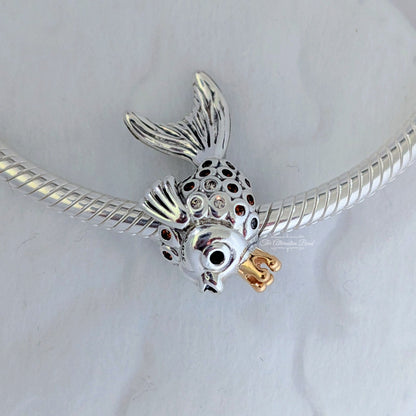 Pandora Fairytale fish silver charm with 14k, orange and golden coloured cubic zirconia and black crystal silver; gold sterling-silver; gold; crystal Bead by The Alternative Bead. Your Jewelry Retailer from Germany