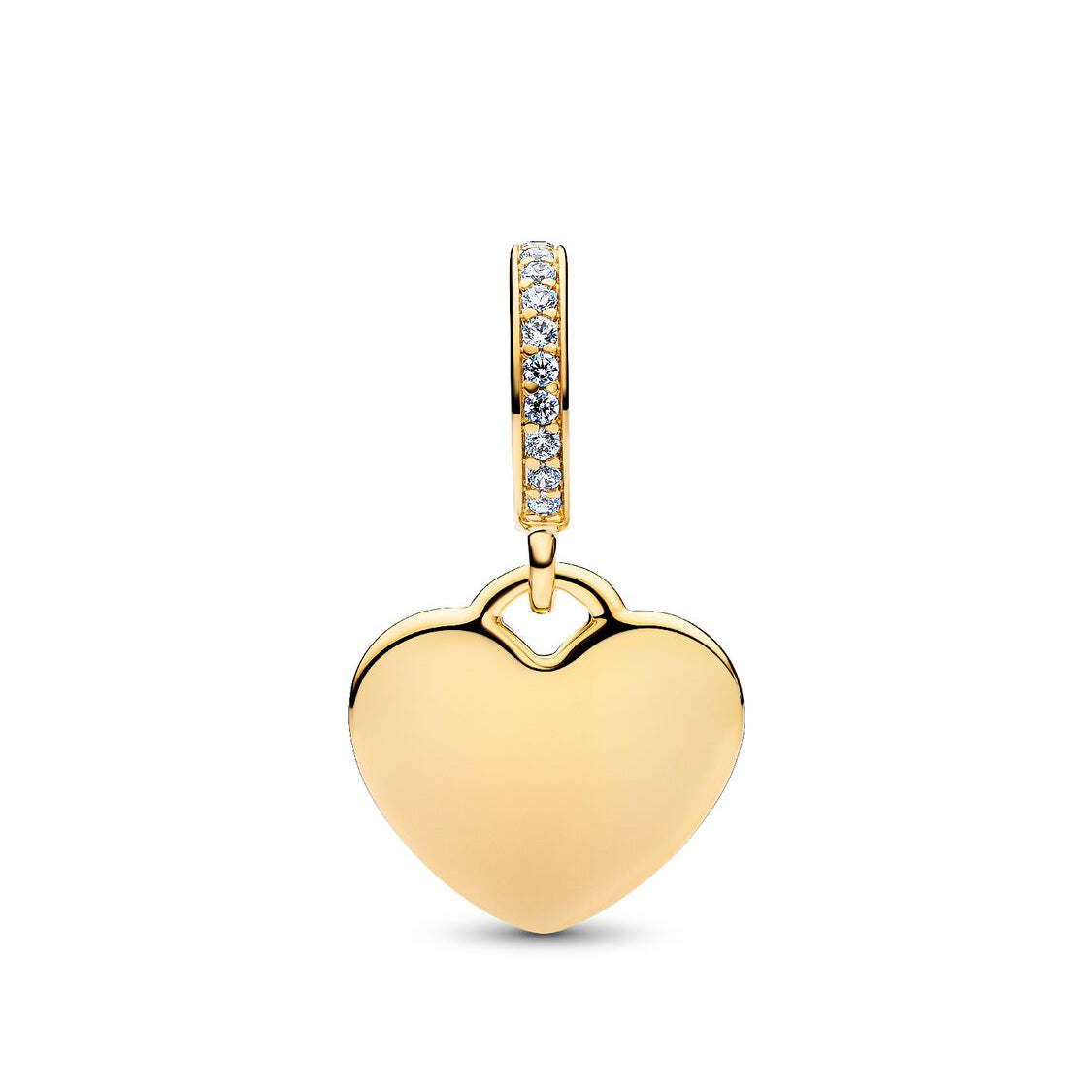 Gold heart-shaped pendant with clear gemstones on a white background