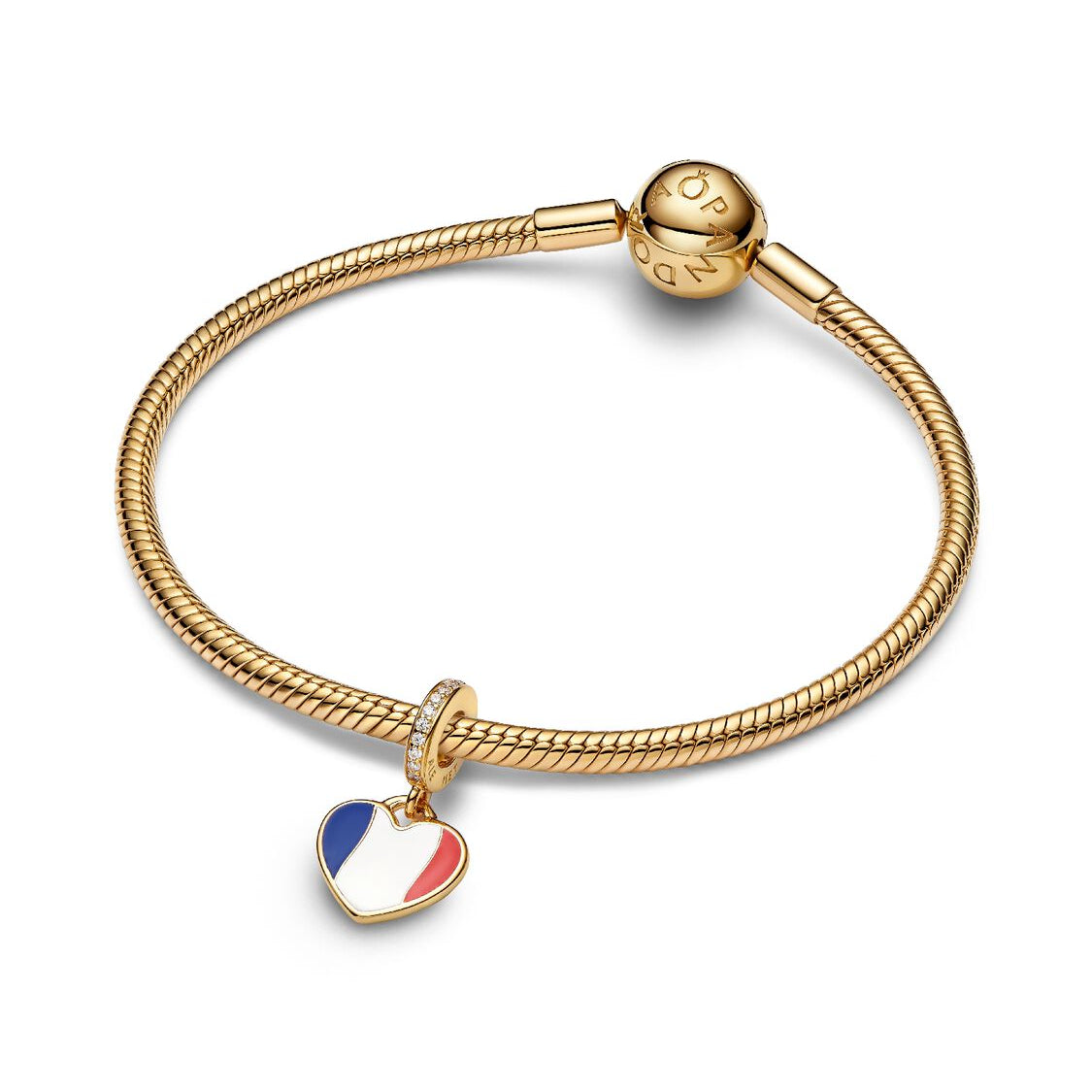 Gold bracelet with a heart-shaped charm on a white background