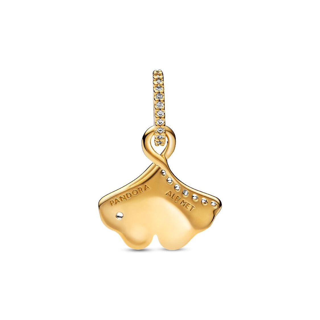 Gold pendant with 'Pandora' branding on a white background