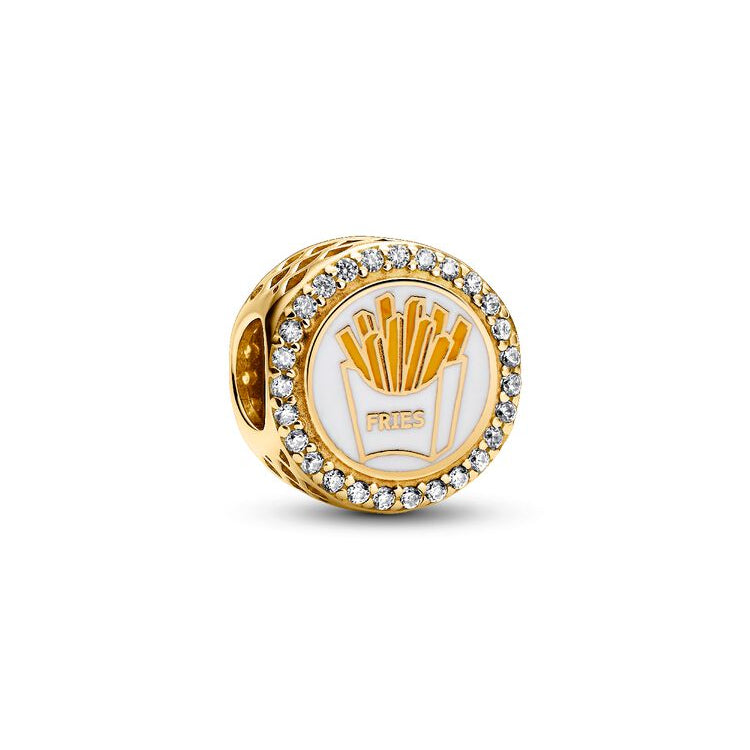 Gold charm with a design of fries on a white background