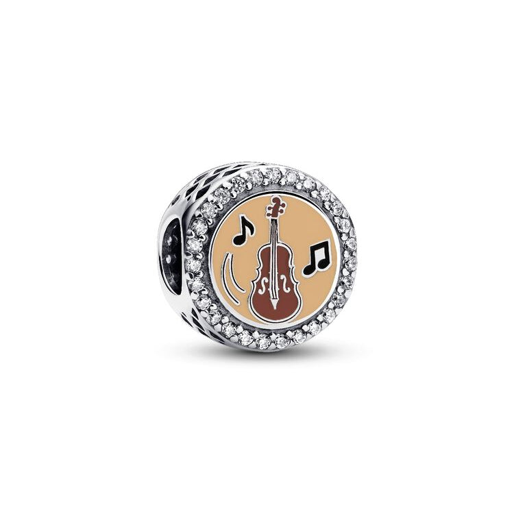 Silver charm with a guitar and music notes design on a white background