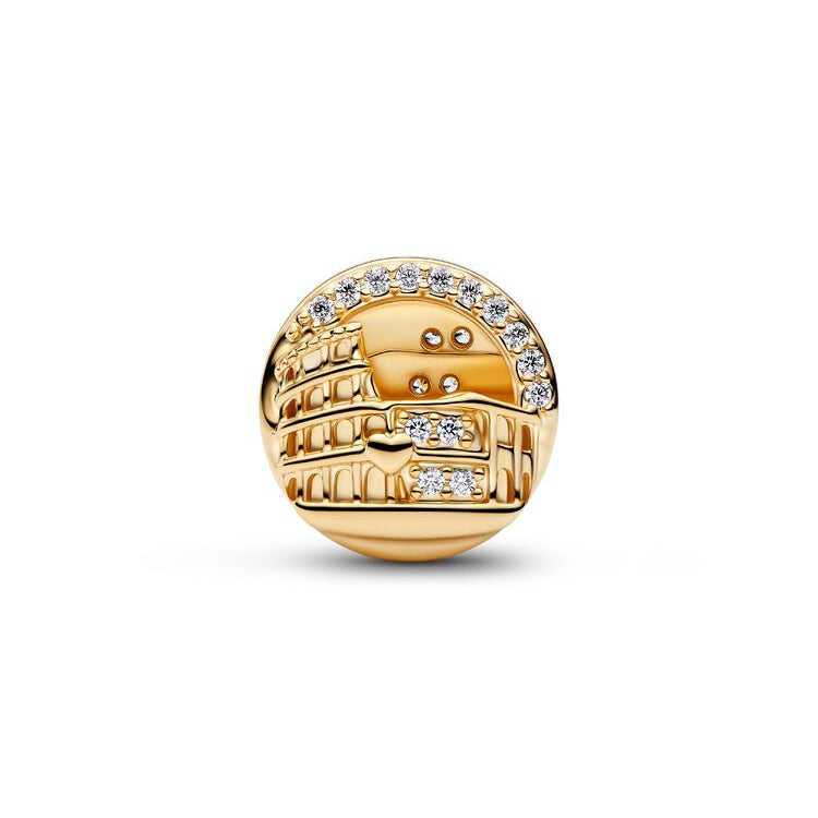 A round gold charm bead featuring an embossed design of the Colosseum, accented with small clear crystals along the top curve, shown on a clean white background.