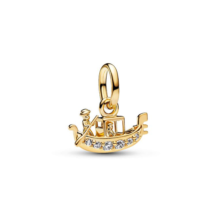 A gold Venice gondola pendant charm featuring a driver and a gondola boat embellished with small clear crystals, set against a plain white background.