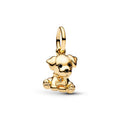 A polished gold puppy charm pendant with a detailed dog face, floppy ears, and a small bow tie, shown on a light gray background.