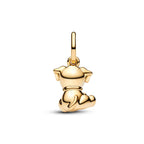 A polished gold charm shaped like a sitting puppy, shown from the back against a clean white background.