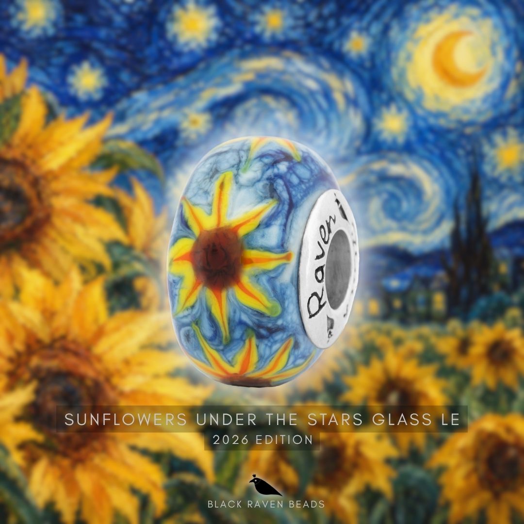 Black Raven Beads Van Gogh Sunflowers Under the Stars Glass LE blue; yellow glass Bead by The Alternative Bead. Your official Black Raven Beads Retailer from Germany